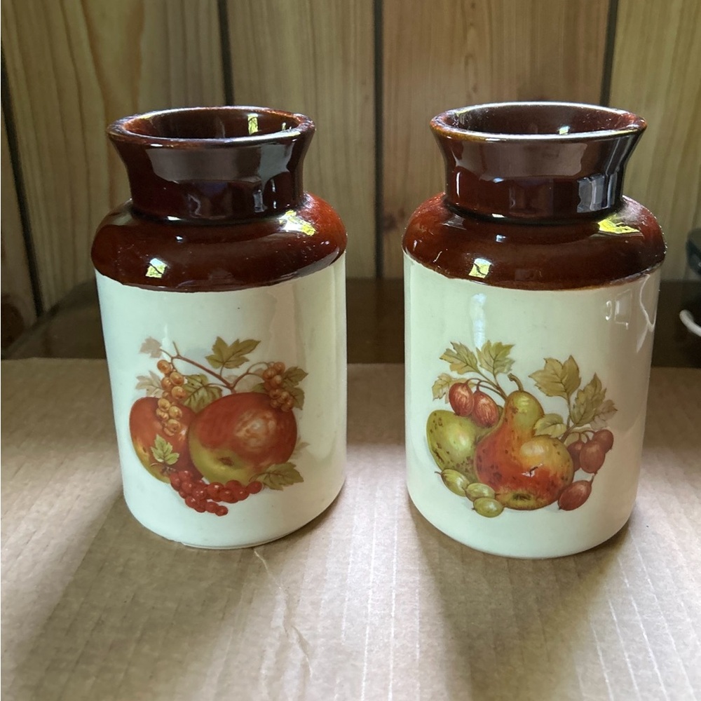 VTG McCoy #251 2PCs Set Ceramic Can Jar Brown Pottery Crock no Lid Fruits Print